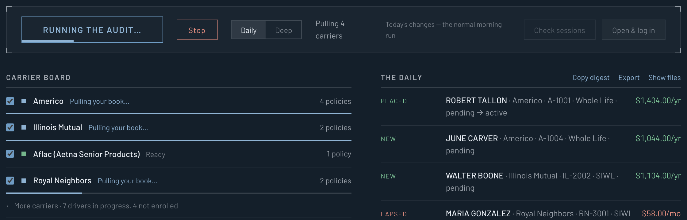 The run strip mid-run: progress across carriers with a Stop button